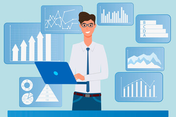 A businessman works at his laptop with an infographic in the background.Office work coworking and the concept of data analysis.Flat vector illustration.