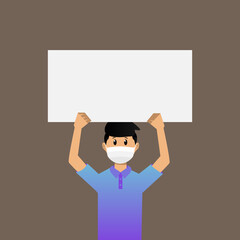Illustration young boy wear face mask holding empty poster design