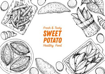 Sweet potato sketch illustration. Batatas hand drawn vector illustration. Farm market food. Raw and cooked sweet potatoes hand drawn. Packaging design.