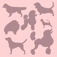 Silhouettes of dogs on a soft realistic pink background collection. A set of vector illustrations