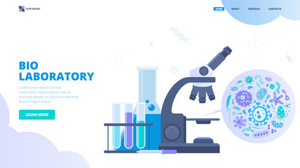 Bio laboratory, microbiology research,  health testing vector concept. Flat vector illustration for web site, landing page, hero image, banner. Test tubes, microscope and various viruses and bacterias