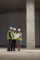 Vertical full length portrait of business people wearing hardhats and holding plans while standing...