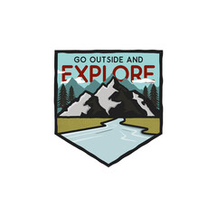 Vintage hand drawn adventure logo with mountains, river and quote - Go outside and explore. Old style outdoors adventure patch. Retro emblem graphic. Stock isolated