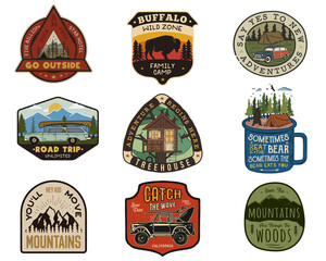 Vintage travel logos patches set. Hand drawn camping labels designs. Mountain expedition, road trip, surfing. Outdoor hike emblems. Hiking logotypes collection. Stock isolated on white.