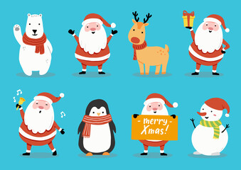 Set of cartoon Santa Claus, deer, snowman, penguin for christmas banner, greeting card illustration. Happy cute character christmas collection.