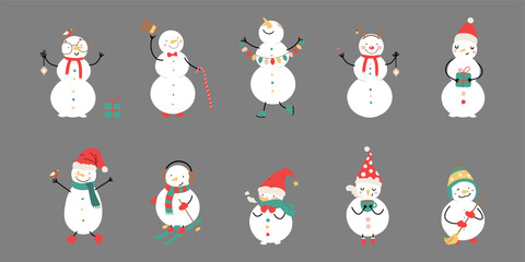 Cute Snowmen set. Christmas greeting card, vector illustration
