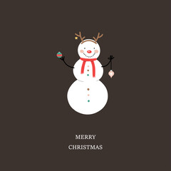Cute Snowman with Christmas balls. Christmas greeting card, vector illustration