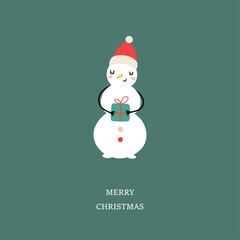 Cute Snowman with gift box. Christmas greeting card, vector illustration