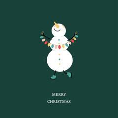Cute Snowman with lights. Christmas greeting card, vector illustration
