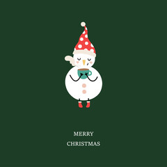 Cute Snowman with cup of hot drink. Christmas greeting card, vector illustration