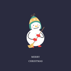 Cute Snowman with broom. Christmas greeting card, vector illustration