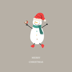 Cute Snowman with bird. Christmas greeting card, vector illustration