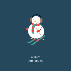 Cute skiing Snowman. Christmas greeting card, vector illustration