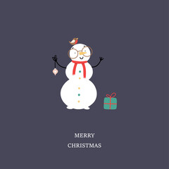 Snowman with present and bird. Christmas greeting card, vector illustration