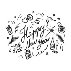 Happy New Year. Free hand drawn vector illustration for postcard and greeting card. Lettering and icons