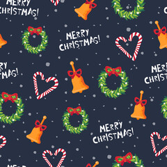 Merry Christmas seamless pattern with wreath, bell and candies. Holiday winter background. Christmas gift wrapping