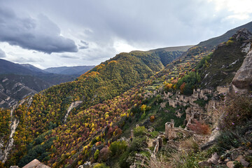 Fototapeta premium Ancient ghost town of Gamsutl, Dagestan, Russia. Abandoned etnic aul