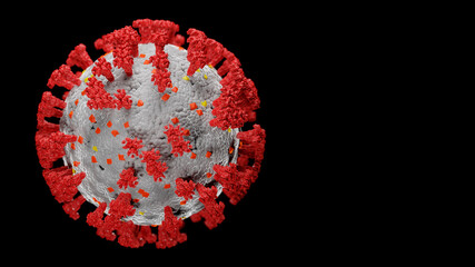 COVID-19 virus body. High resolution and photo realistic 3D simulation with accurate modelling of all parts. Isolated on a black background. Copy space. Template.