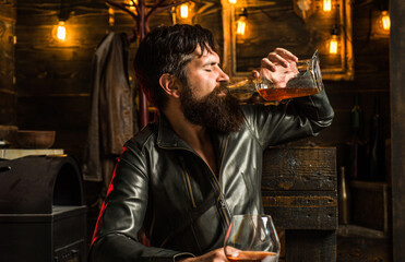 Alcoholic drinking alcohol. Depressed and hopeless people after drunk. Sad man drunk.