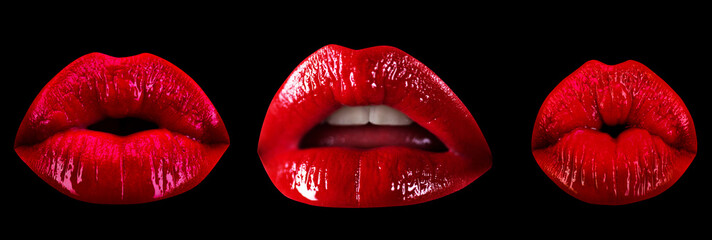 Collage sexy seduction woman mouth, passion lick and sensual suck. Set of lips seduction temptation passion desire. Abstract art design, banner. Isolated on black background.