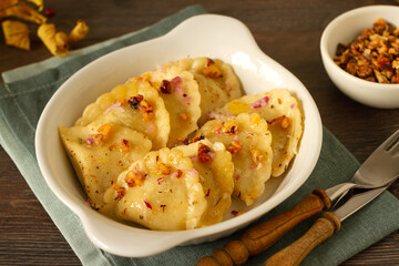 Ukrainian dumplings, pierogi or  vareniki,  national russian and balcanic homemade cuisine.
