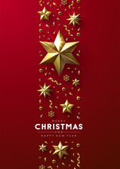 Fototapeta na wymiar red Christmas background with golden stars, beads and snowflakes