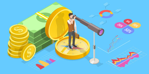 3D Isometric Flat Vector Conceptual Illustration of Searching for Financial Investment Opportunities, Asset Management and Administration.