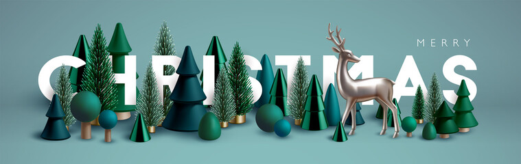 Christmas banner. Xmas Horizontal composition made of green wooden and glass Christmas trees and silver reindeer. Christmas poster, greeting cards, header or profile cover.