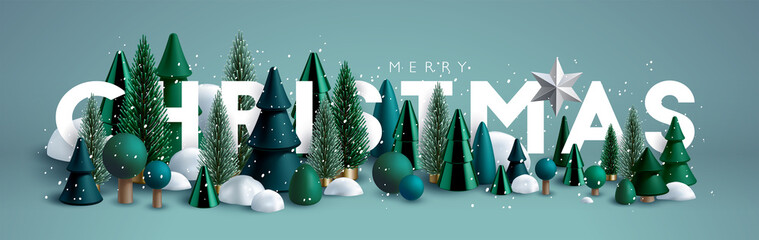 Christmas banner. Xmas Horizontal composition made of green wooden and glass Christmas trees. Christmas poster, greeting cards, header or profile cover.