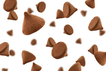 Falling chocolate truffles covered cocoa isolated on white background, selective focus