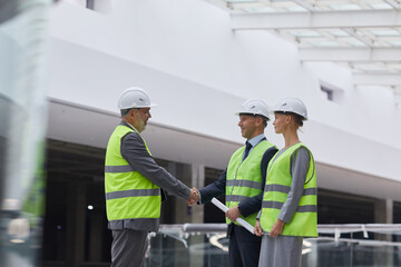 Side view portrait of smiling business people shaking hands after investment deal at construction...