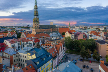 Magical stormy sunset over Riga old town - the capital of Latvia. Stormu clouds forming in the sky....