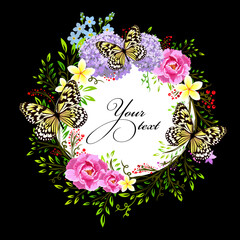 Beautiful floral frame with different flowers. Floral card with butterflies. Vector illustration