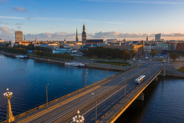 Traffic bridge over river Daugava in Riga - capital of LAtvia that is leading to the old town of...