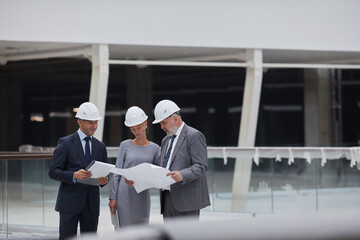 Portrait of three successful business people wearing hardhats and holding plans while inspecting construction site, copy space - obrazy, fototapety, plakaty