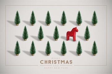  Minimalist Vintage Christmas postcard with Christmas trees and Scandinavian traditional red Dala horse.