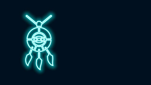Glowing neon line Dream catcher with feathers icon isolated on black background. 4K Video motion graphic animation
