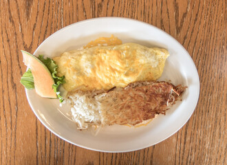 Typical American breakfast, top view shot