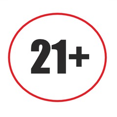 simple 21 plus red icon isolated on white background. concept of age warning info button for online website ui and twenty one years restriction for illegal content or product sign