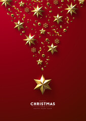 Christmas composition made of cutout  realistic looking gold stars, beads and glittery snowflakes on a bright red background.
