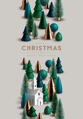 Christmas vertical border made of green and gold Christmas trees and white church.