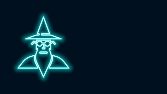 Glowing neon line Wizard warlock icon isolated on black background. 4K Video motion graphic animation