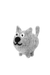 Toy gray cat isolate on a white back. Toy kitten made of felted wool.