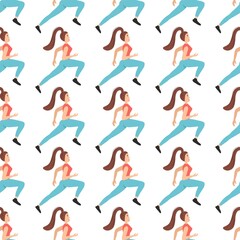Seamless pattern with running gorgeous girl sportswoman on white background. Young woman in flat style is engaged in physical education. Strong pumped man.
Stock vector illustration for design, decor