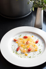 Sea Scallop Carpaccio with Tomatoes, Raw Seafood Appetizer