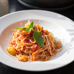 Spaghetti Pasta with Roasted Tomato Sauce and Fresh Basil