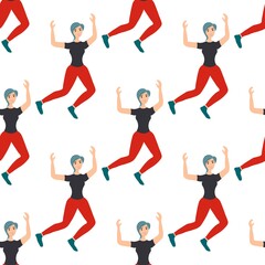 Seamless pattern with dancing modern girl on a white background. Cheerful dance entertainment in a flat style. Relaxed happy woman.
Stock vector illustration for design, decor, fabric, wallpaper