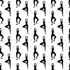 Outline seamless pattern with dancing marvelous girls on a white background. Cheerful dancers in a flat style. Relaxed happy woman. Club party.
Stock vector illustration for design, decor, fabric