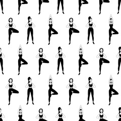 Seamless pattern in outline with a relaxed beautiful girl in meditation on a white background. Women's yoga in a flat style. Performing asanas. Ancient spiritual practice.
Stock vector illustration