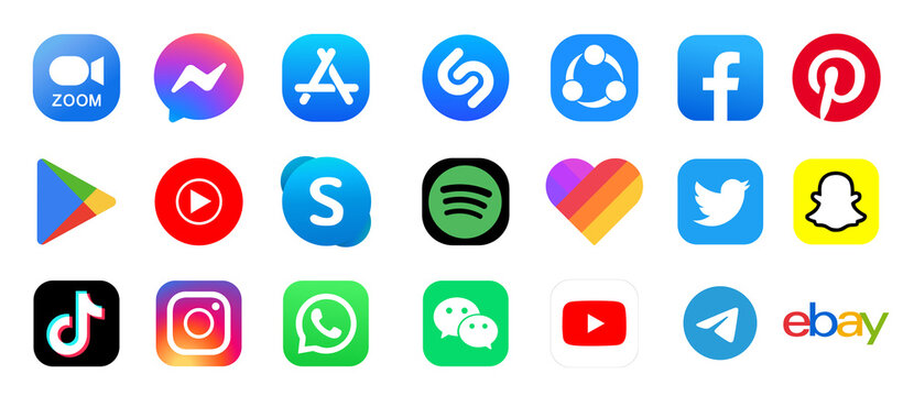 The Most Popular Apps Of The End Of 2020. TikTok, WhatsApp, Zoom, Facebook Messenger, YouTube, Instagram, Twitter, Snapchat, Spotify Of Play Market And App Store. Best Social Media And App Icons. 